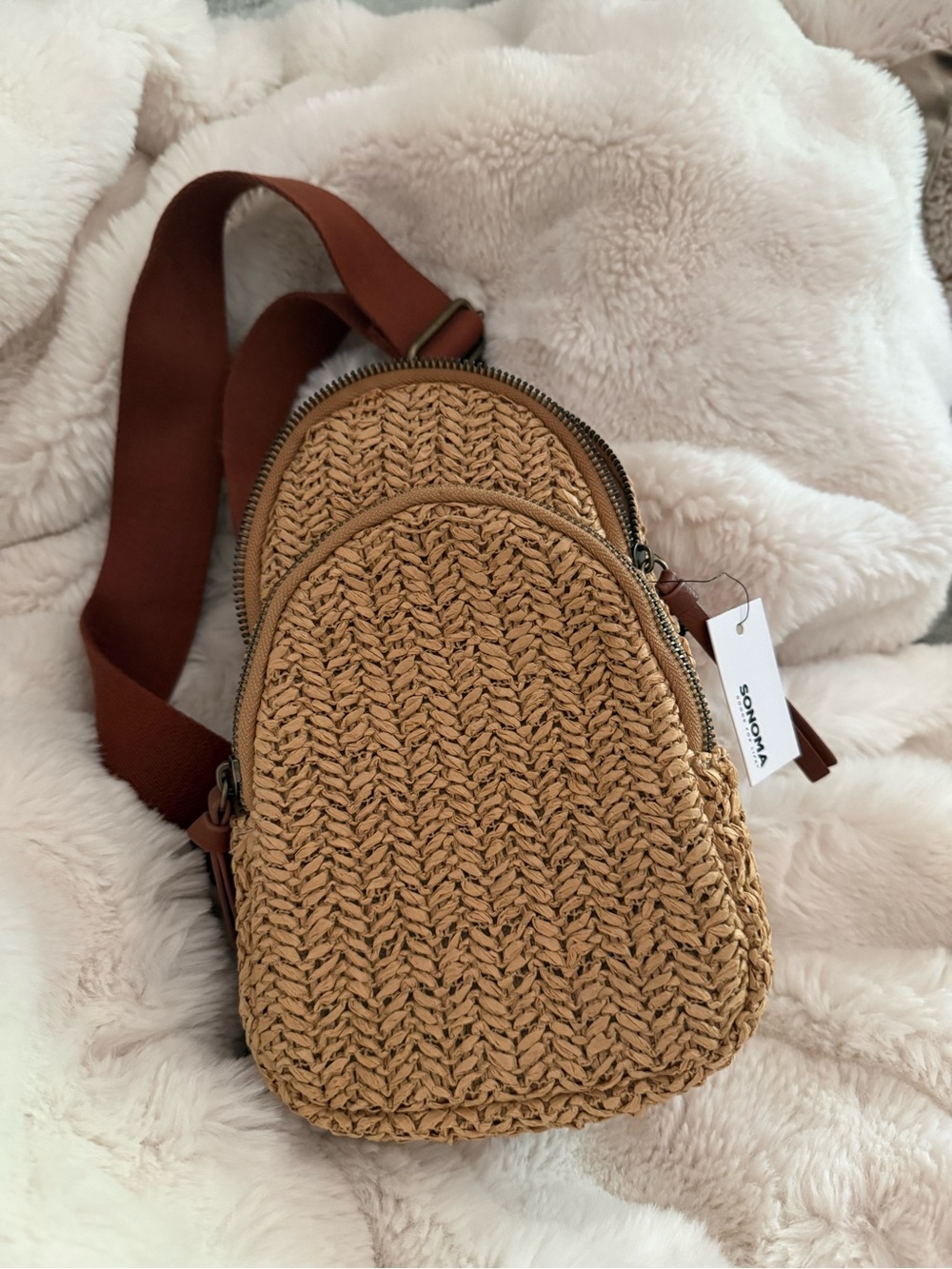 SONOMA Tan Woven Straw Crossbody with Brown Strap